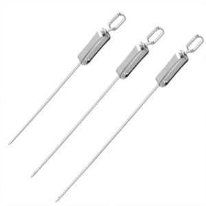 Stainless steel 3 sizes flat BBQ barbecue grilling meat skewer with push bar