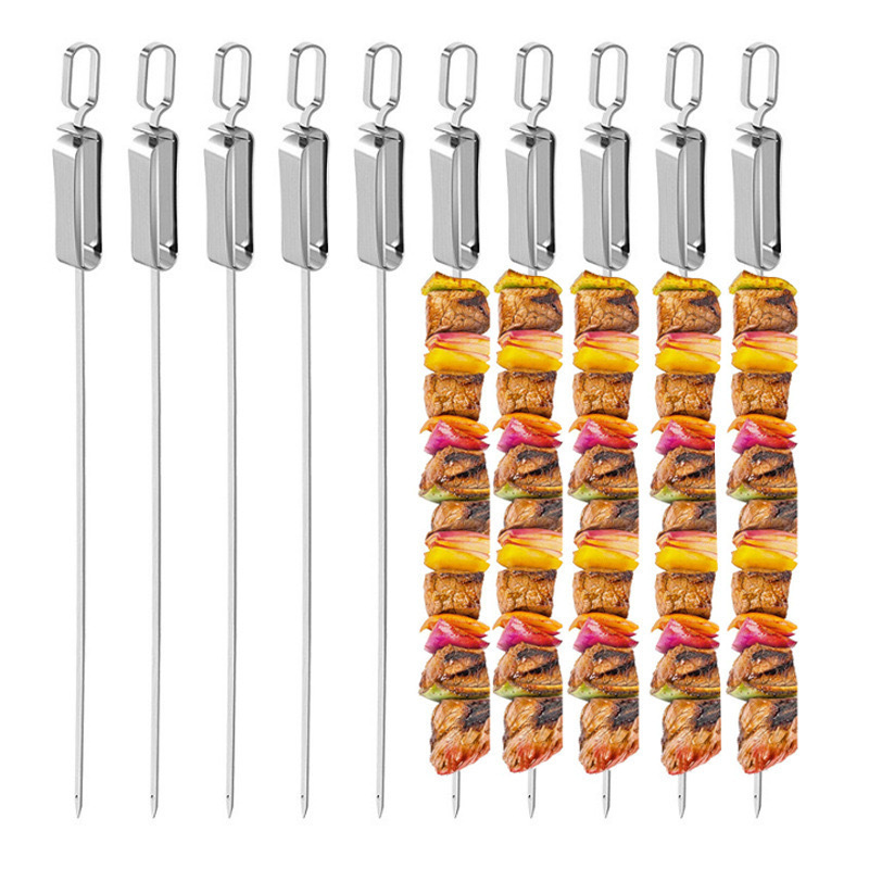 Stainless steel 3 sizes flat BBQ barbecue grilling meat skewer with push bar