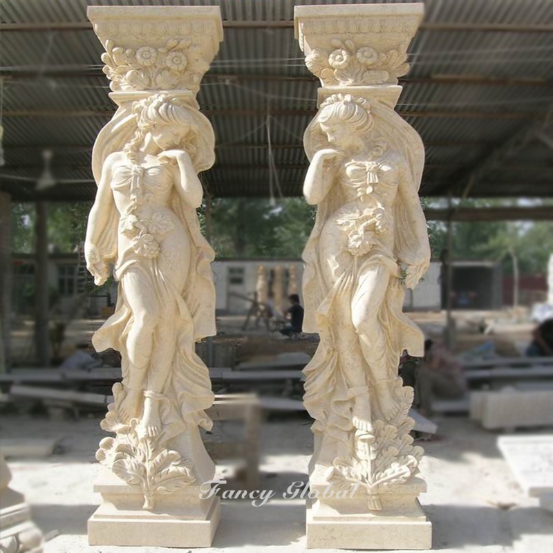 3D Model Design Indoor Desert Gold Light Columns Maidens Roman Stone Pillar Statue Garden Marble Sculpture