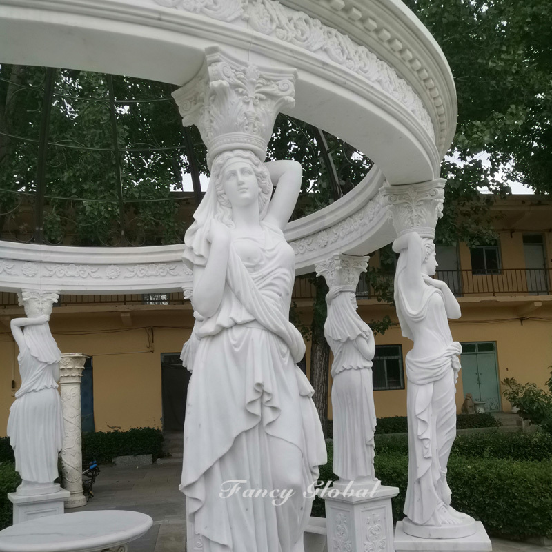 Fancy Marble Made Hand  Carved Garden Outdoor White Gazebos Pavilion With Woman Statue for Sale