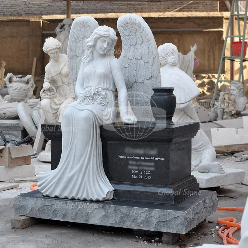 Outdoor Large Life Size Angels Statue Engraving Graves  Cemetery Tombstone Monuments Headstones Marble Weeping Angel Headstone