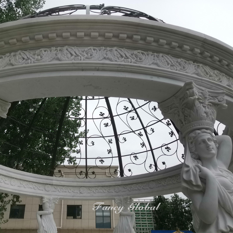 Fancy Marble Made Hand  Carved Garden Outdoor White Gazebos Pavilion With Woman Statue for Sale