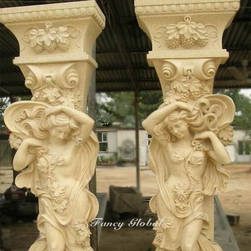 3D Model Design Indoor Desert Gold Light Columns Maidens Roman Stone Pillar Statue Garden Marble Sculpture