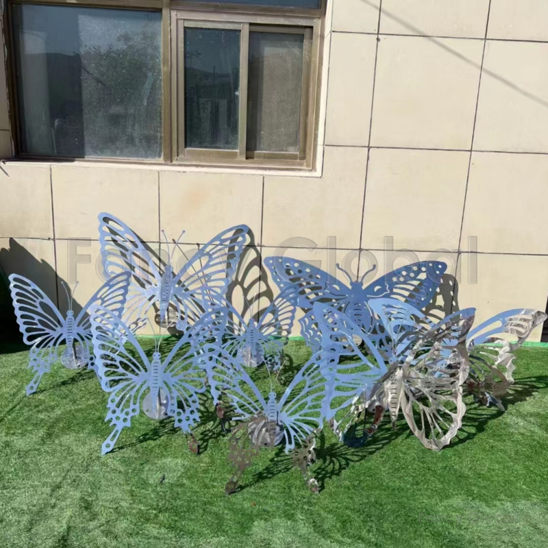 Big Heart Shape Metal Stainless Steel Sculpture Mirror Butterfly Bench Sculpture Statue For Outdoor Garden Decoration