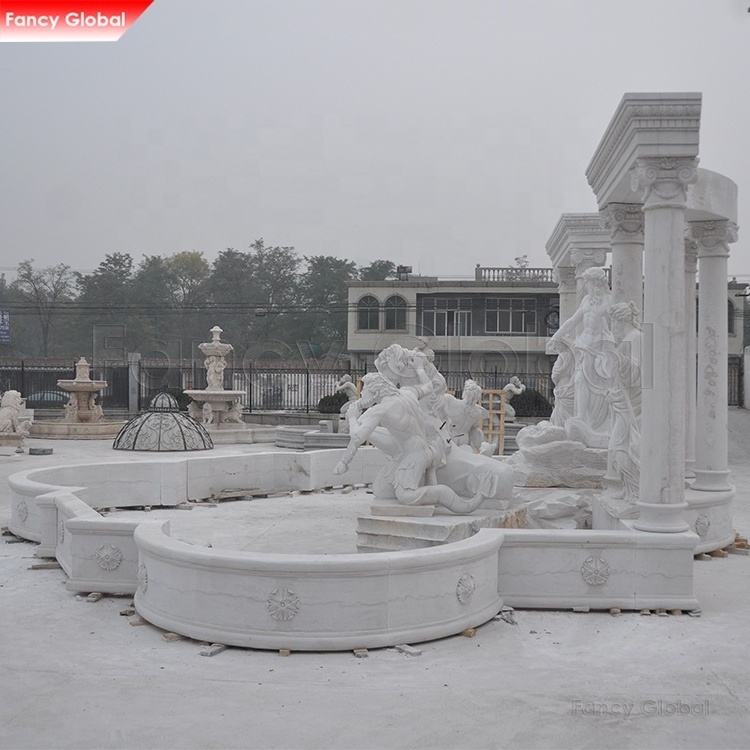 Fancy Customized Large Outdoor Garden Hand Carved Stone White Marble Trevi Water Fountain with Figure Horse Statues