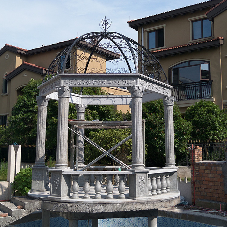 Fancy Custom Marble Made Hand Carved Roman Stone Gazebo For Outdoor Garden