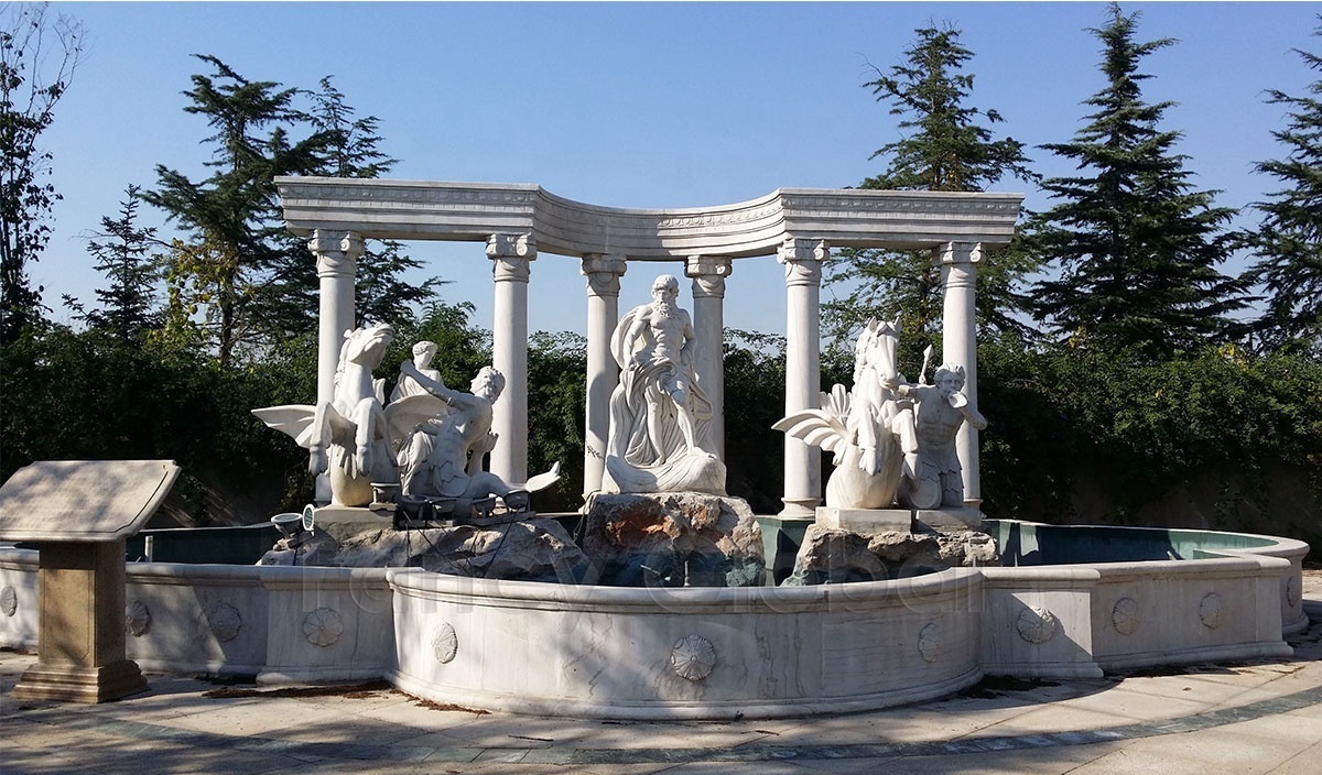 Fancy Customized Large Outdoor Garden Hand Carved Stone White Marble Trevi Water Fountain with Figure Horse Statues