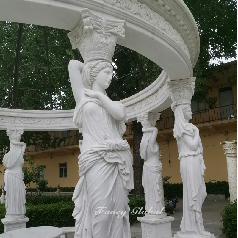 Fancy Marble Made Hand  Carved Garden Outdoor White Gazebos Pavilion With Woman Statue for Sale