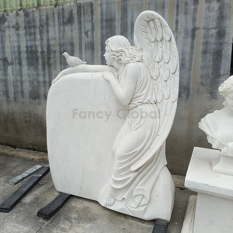 White Marble Monument Tombstone And Angel Design Headstone For Graveyard