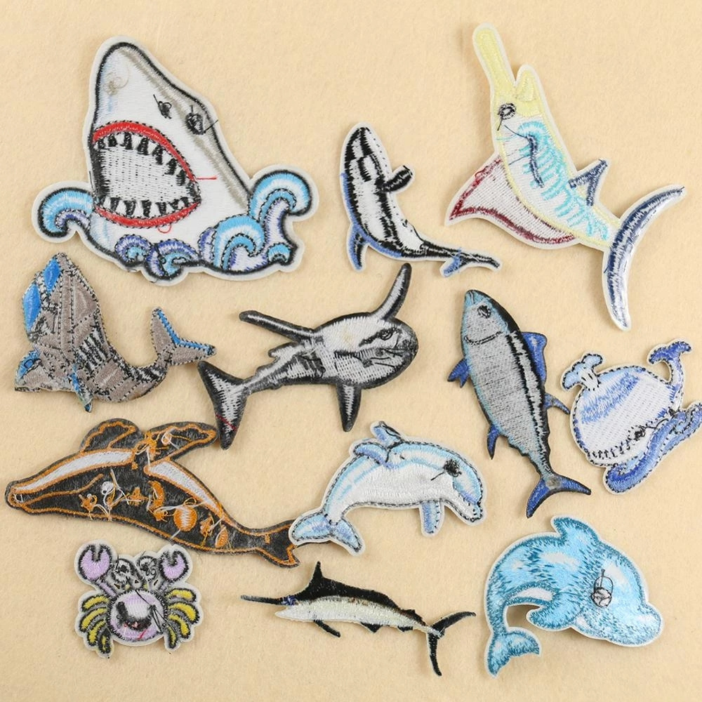 Hot sale set iron on patches undersea animal shark crab whale  patch embroidery applique sew on jacket shirt