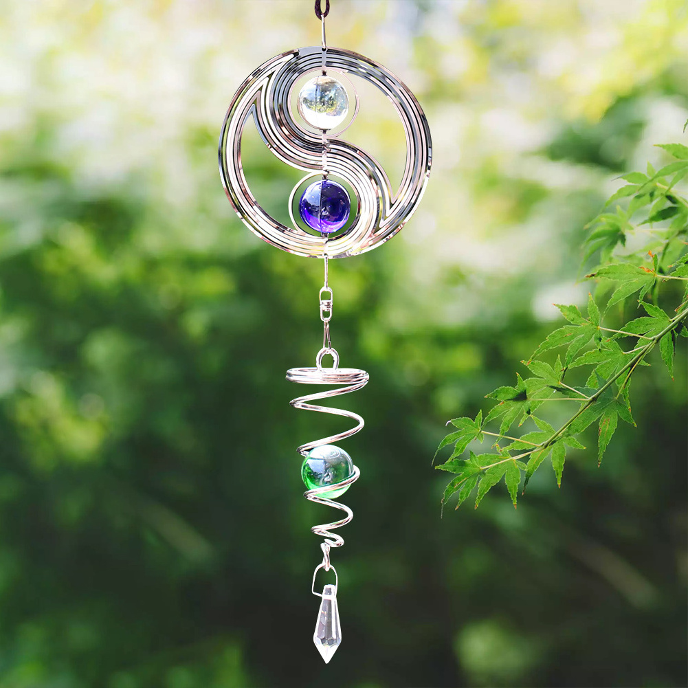 3D Chinese Tai Chi Bearing Rotating Stainless Steel Crystal Ball Wind Chime Sun Catcher Garden Home Decor Metal Crafts