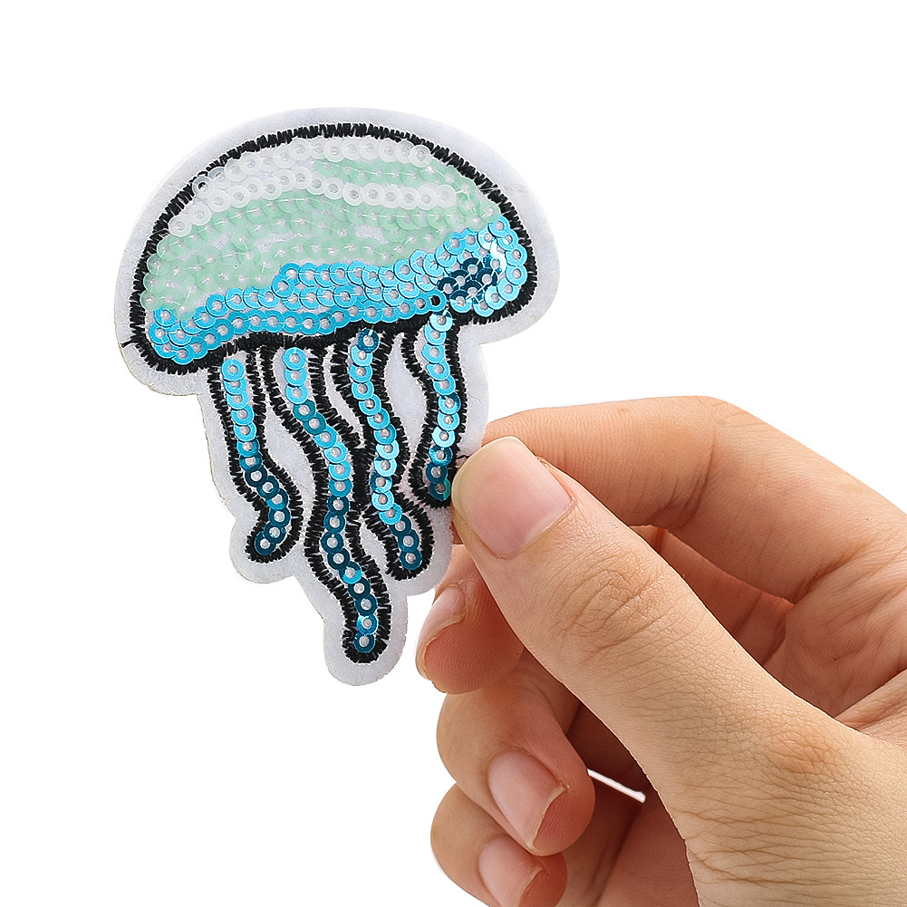 Blue sequin cartoon jellyfish embroidered applique sewing supplies Children's clothing hat backpack decorative patch