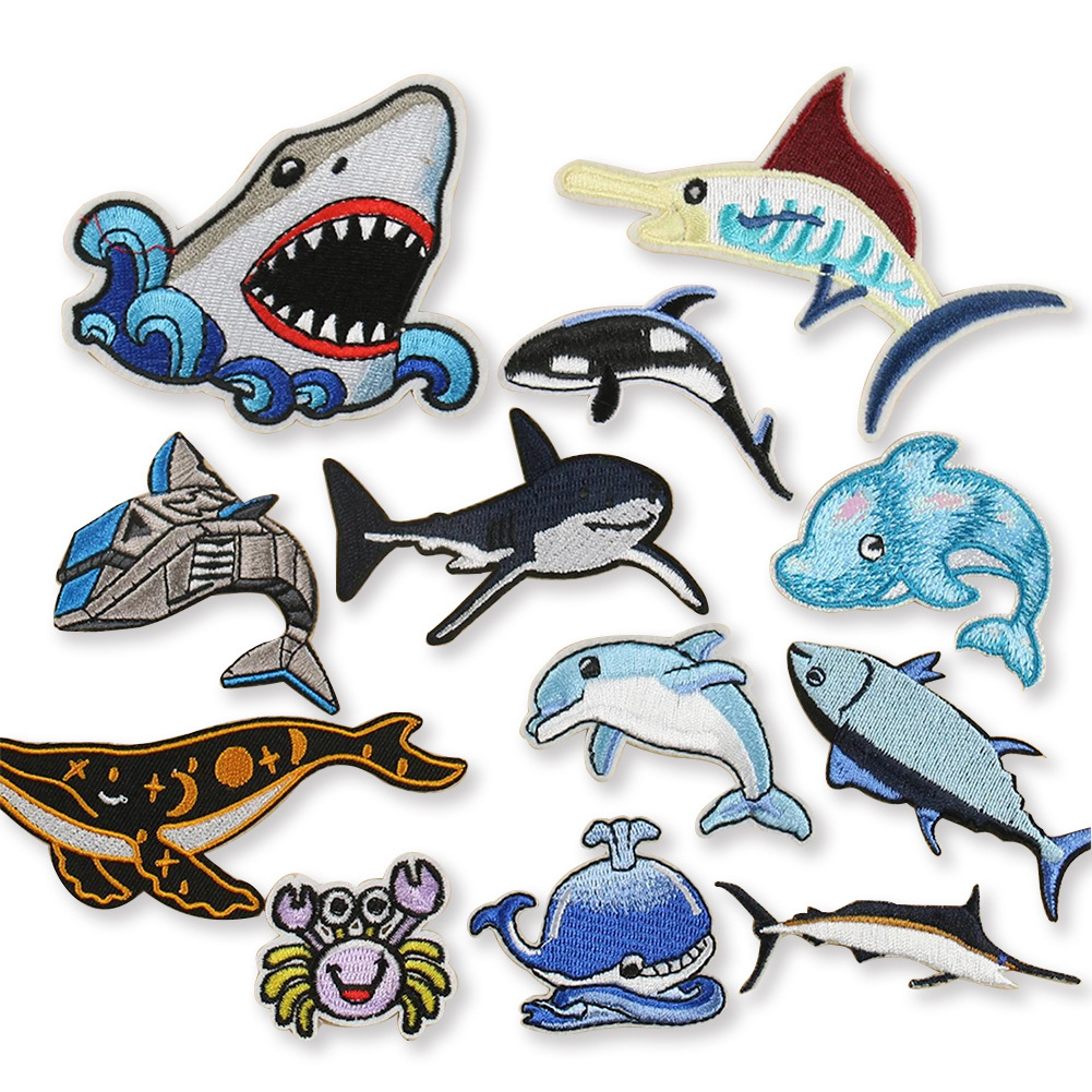 Hot sale set iron on patches undersea animal shark crab whale  patch embroidery applique sew on jacket shirt