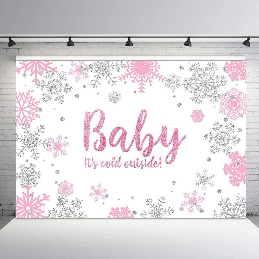 7x5ft Winter Girl Baby Shower Photo Background Props Snowflakes Pink and Silver Backdrops Party Decoration