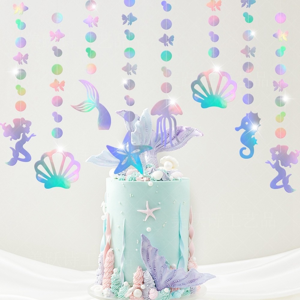 Mermaid Garland with Jellyfish Seashell Starfish Pearl Holographic Paper Streamer for Little Mermaid Theme Party Decorations