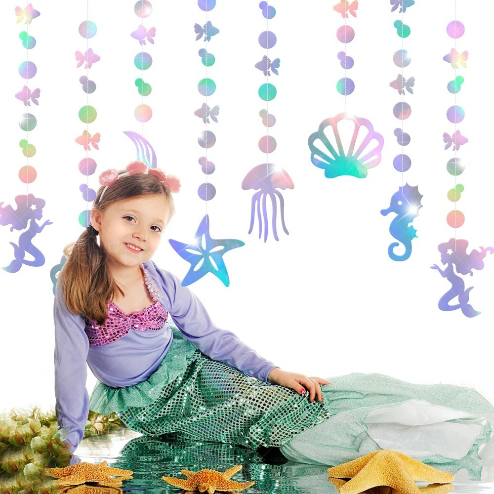 Mermaid Garland with Jellyfish Seashell Starfish Pearl Holographic Paper Streamer for Little Mermaid Theme Party Decorations