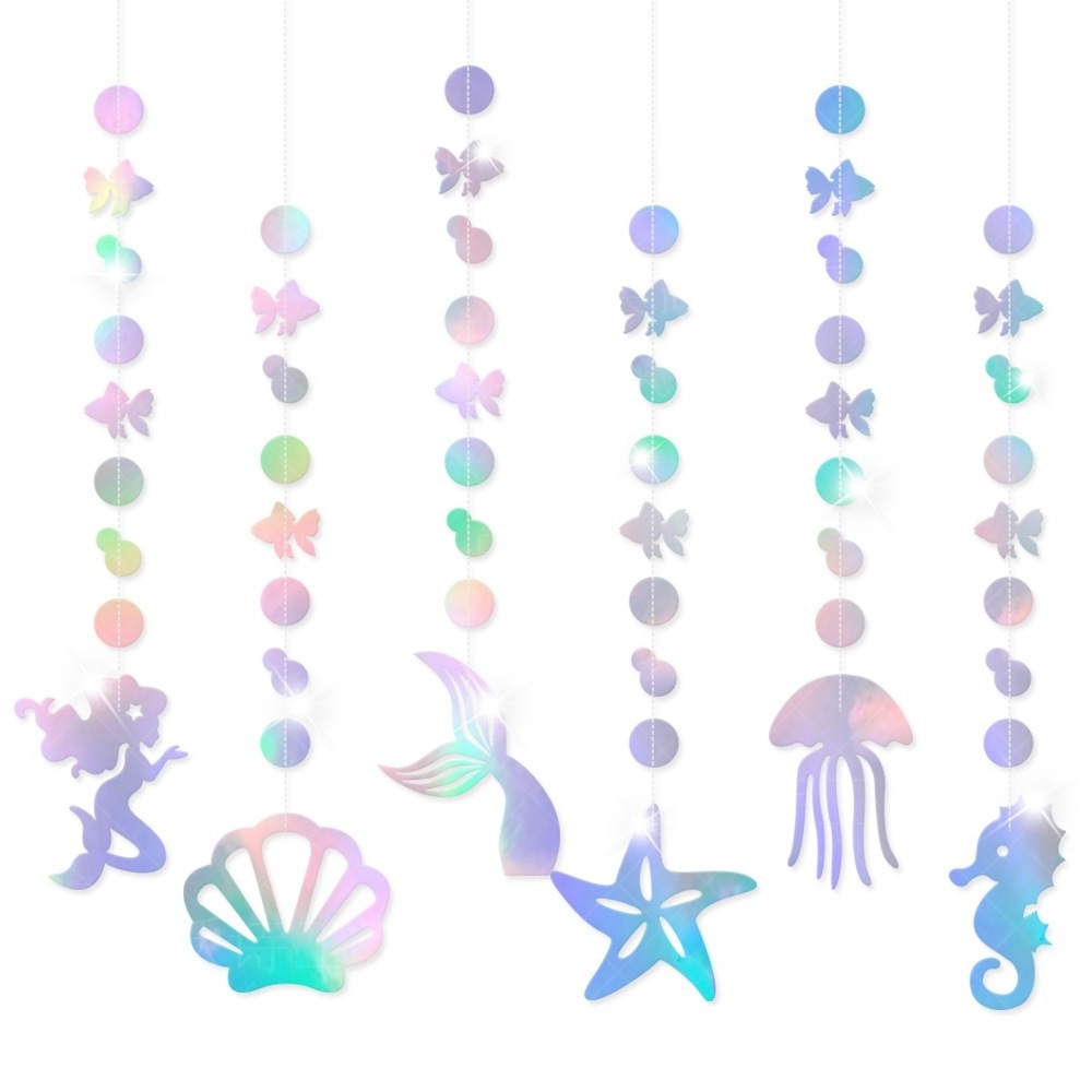 Mermaid Garland with Jellyfish Seashell Starfish Pearl Holographic Paper Streamer for Little Mermaid Theme Party Decorations