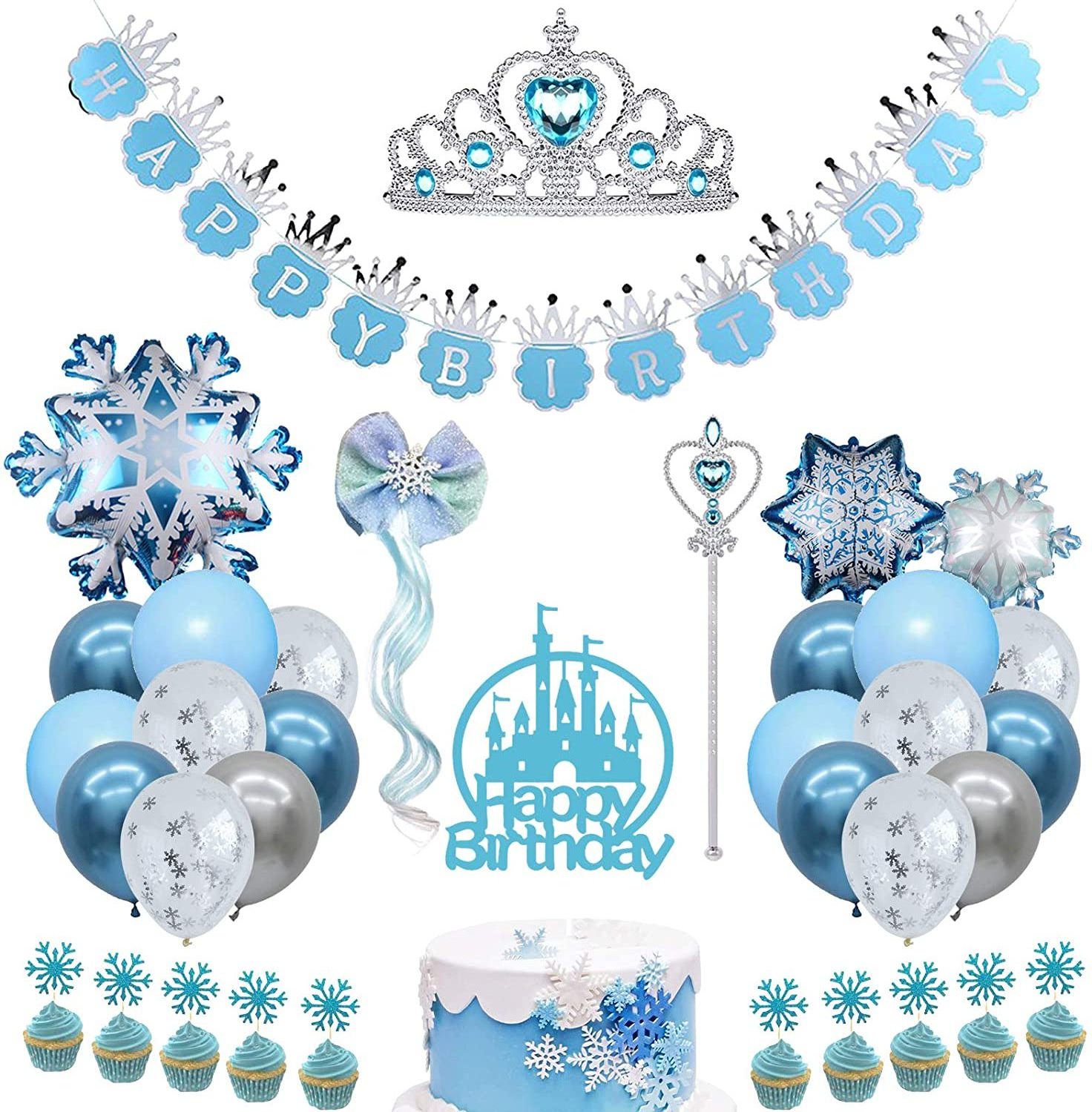 Frozen Birthday Party Supplies Snowflake Party Decorations Happy Birthday Banner Crown Wand  or Girls Princess Birthday