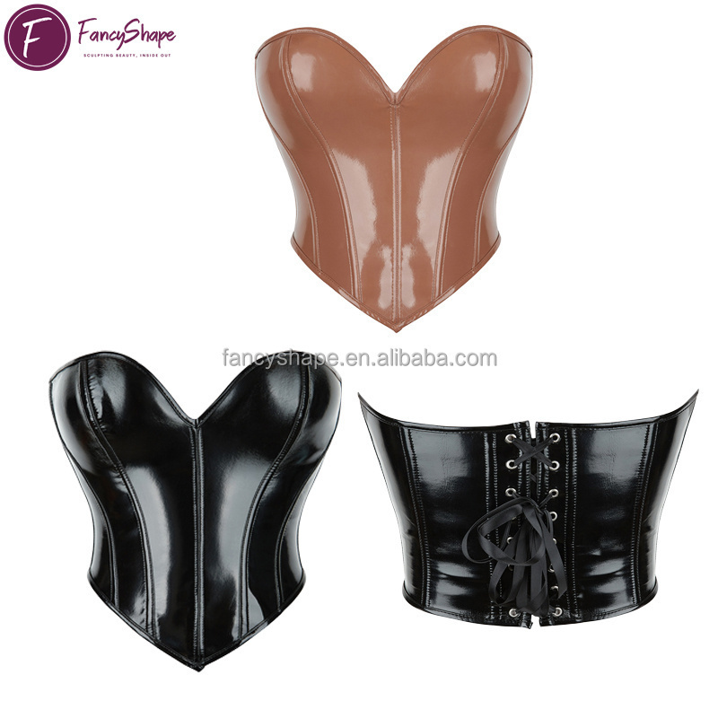 FancyShape Strapless Corset Top Women Patent PU Leather Corset Top Lace-up Bodyshaper Steampunk Bustier Vest