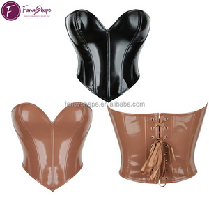 FancyShape Strapless Corset Top Women Patent PU Leather Corset Top Lace-up Bodyshaper Steampunk Bustier Vest