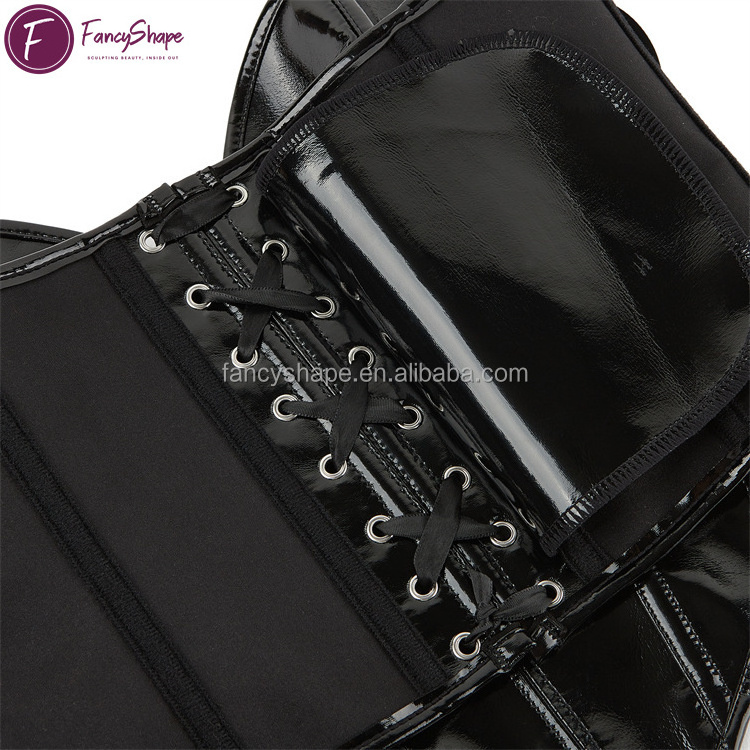 FancyShape Strapless Corset Top Women Patent PU Leather Corset Top Lace-up Bodyshaper Steampunk Bustier Vest