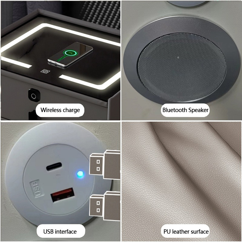 Nightstand Touch Sensing Led Light Dual Usb Smart Wireless Charger Speaker Design Fingerprint Lock Bedside Table