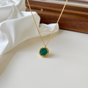 Fashion Jewellery 925 Sterling Silver 18k Yellow Gold Green Malachite Coin Necklace for Women