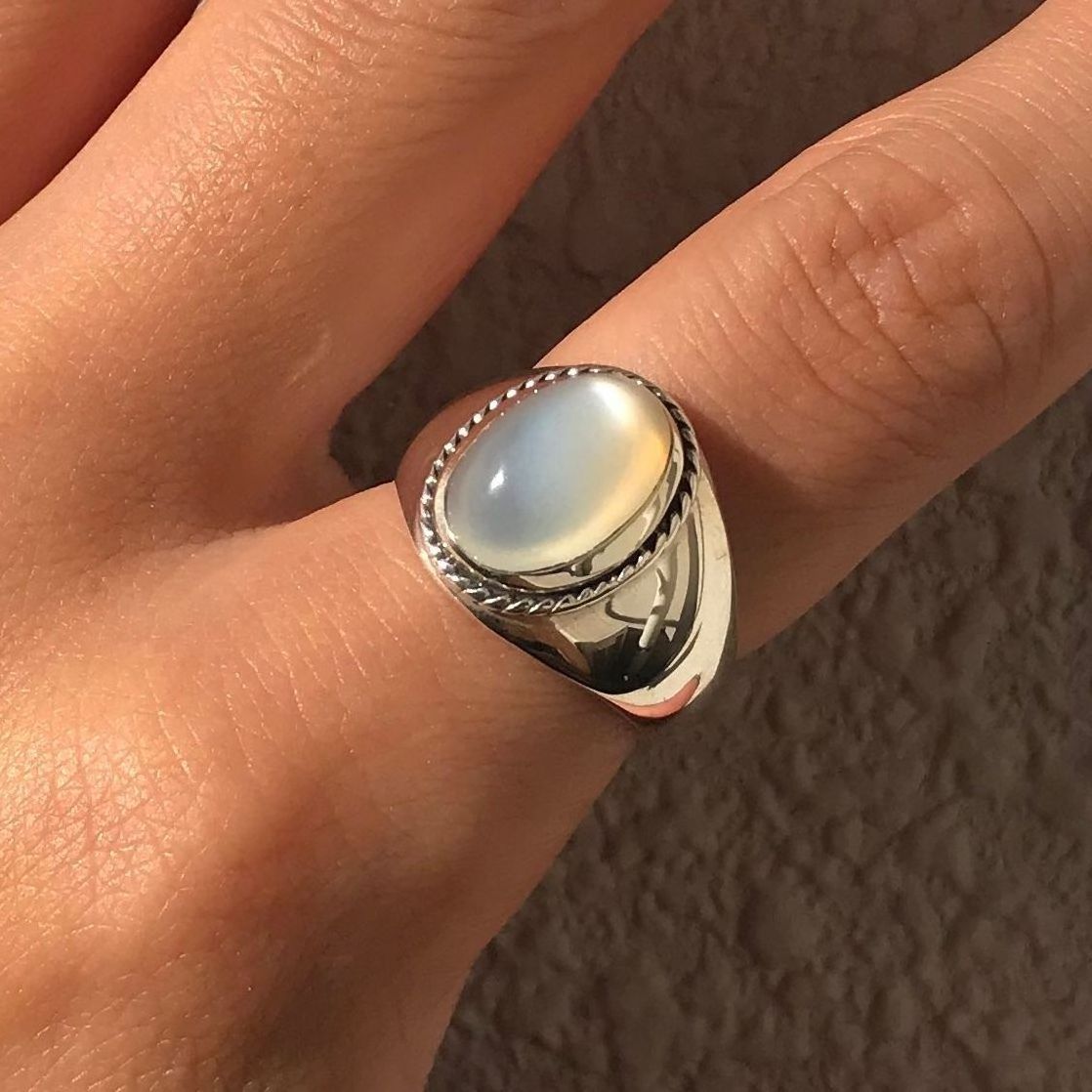 Vintage Jewelry 925 Sterling Silver White Agate Gems Open Adjustable Ring for Women Girls