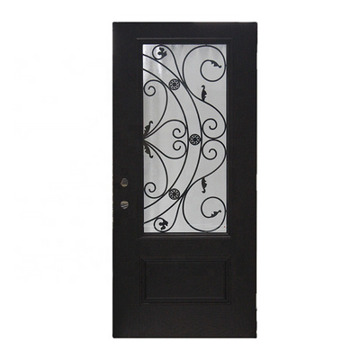 Fangda high quality wrought iron glass decorative iron prehung front door exterior entry front doors for houses