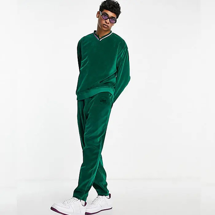 Luxury Quality Blank Jogger Sets Oversized V Neck 2 Pieces Velour Tracksuit Mens