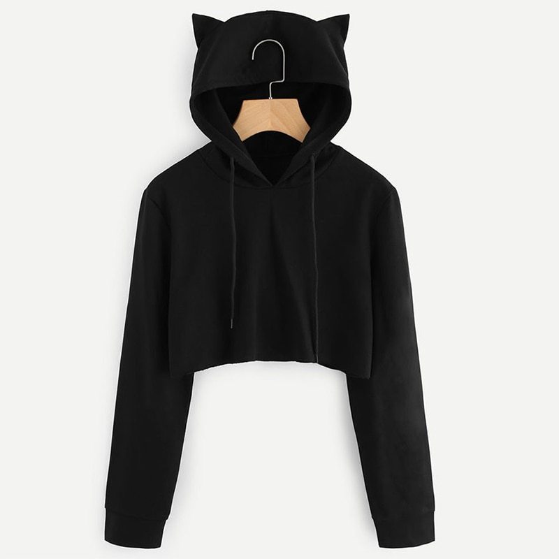 Autumn Winter Hot Sale Cat Ears Hoodies For Women Crop Top Hoodie Sweatshirts Sexy Pure Black Hooded Cropped