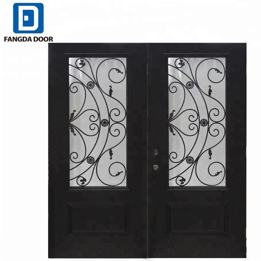 Fangda glass oversized front door with wrought iron insert