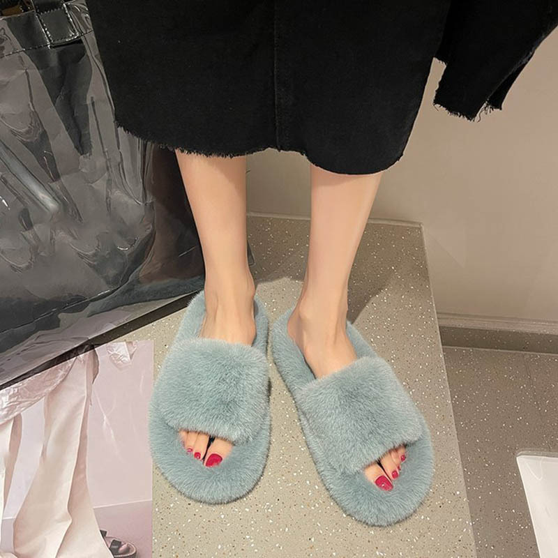 Fashion Foot bed Open Toe Mule Fluffy Faux fur House Slippers for Women