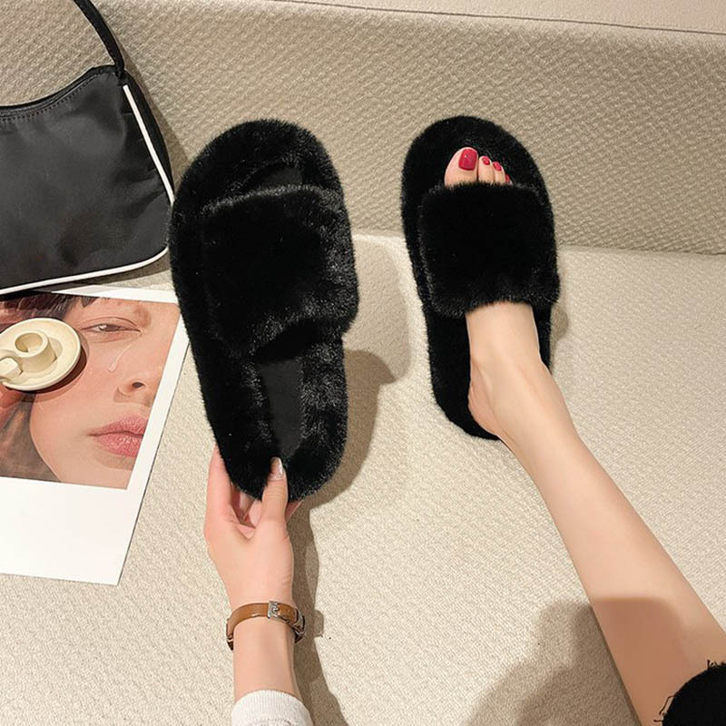 Fashion Foot bed Open Toe Mule Fluffy Faux fur House Slippers for Women