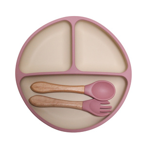 Top Selling bebe  Baby Suction Plate Dishwasher and Unbreakable Silicone Microwave Safe Divided  Plate with fork and spoon