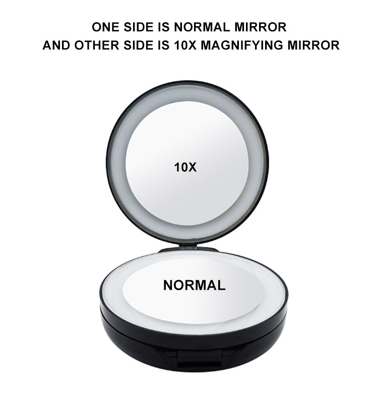 Fashion travel tri-fold compact magnifying cosmetic mirror x10+10x magnifying led mirror with light