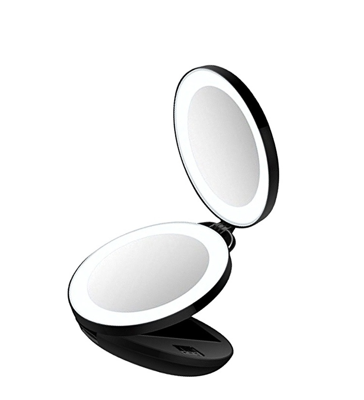 Fashion travel tri-fold compact magnifying cosmetic mirror x10+10x magnifying led mirror with light