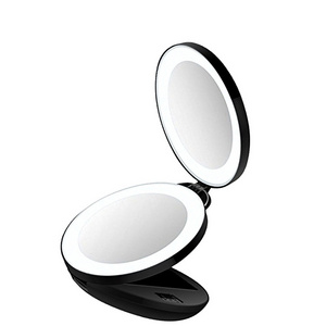 Fashion travel tri-fold compact magnifying cosmetic mirror x10+10x magnifying led mirror with light