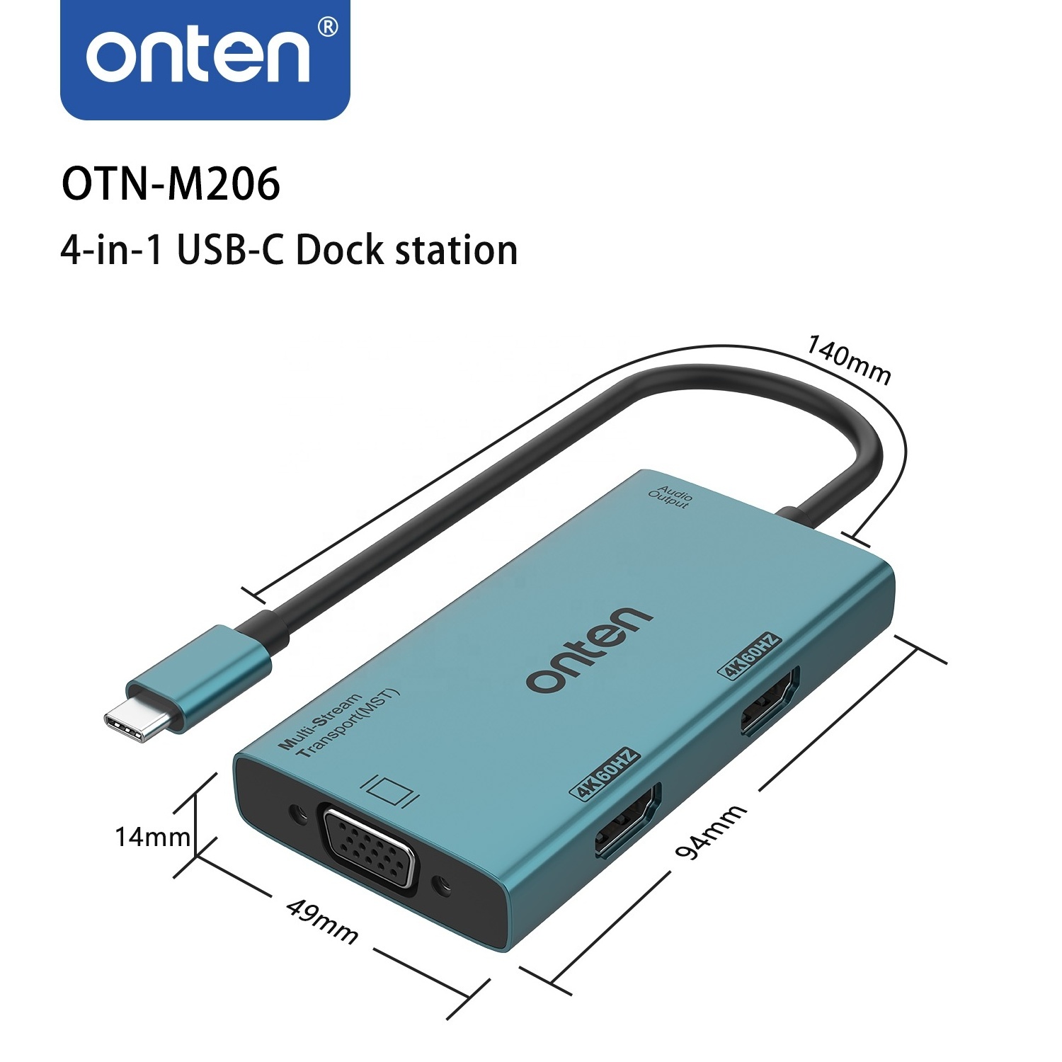 Onten Wholesale Factory Price 4 in 1 USB-C Multi-Function Display Docking Station Video Port Extender Extending Screens OTN-M206