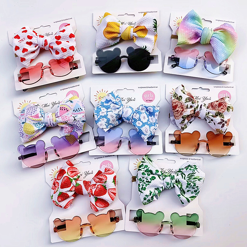 2pcs/set Sweet Gift Hair Accessories Set Kids Baby Girls Anti-UV Cartoon Flower sunglass And Bow Knot Hairband Baby Headband