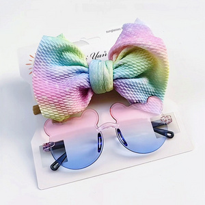 2pcs/set Sweet Gift Hair Accessories Set Kids Baby Girls Anti-UV Cartoon Flower sunglass And Bow Knot Hairband Baby Headband