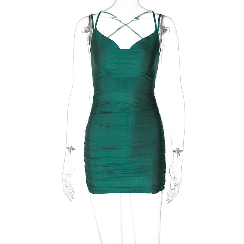 China Factory Produce Women Sleeveless Dress Backless Style Elegant Evening Green Color Dress