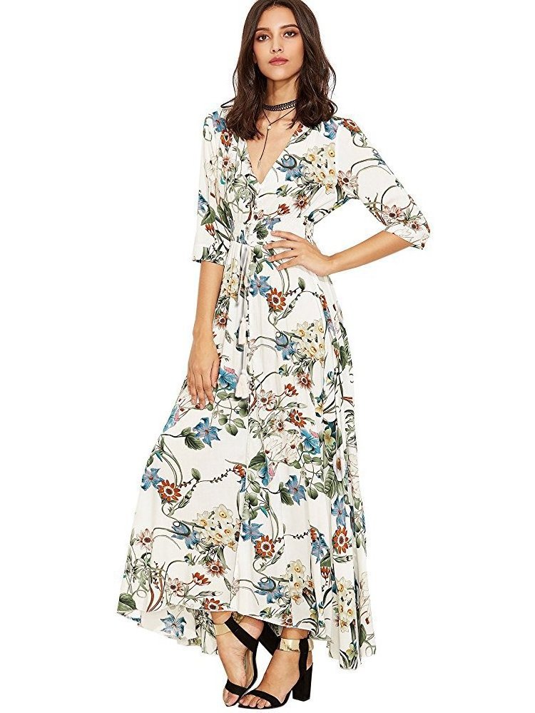 Wholesale China Women V Neck Dresses Summer Fashion Maxi Holiday Floral Bohemian Dress