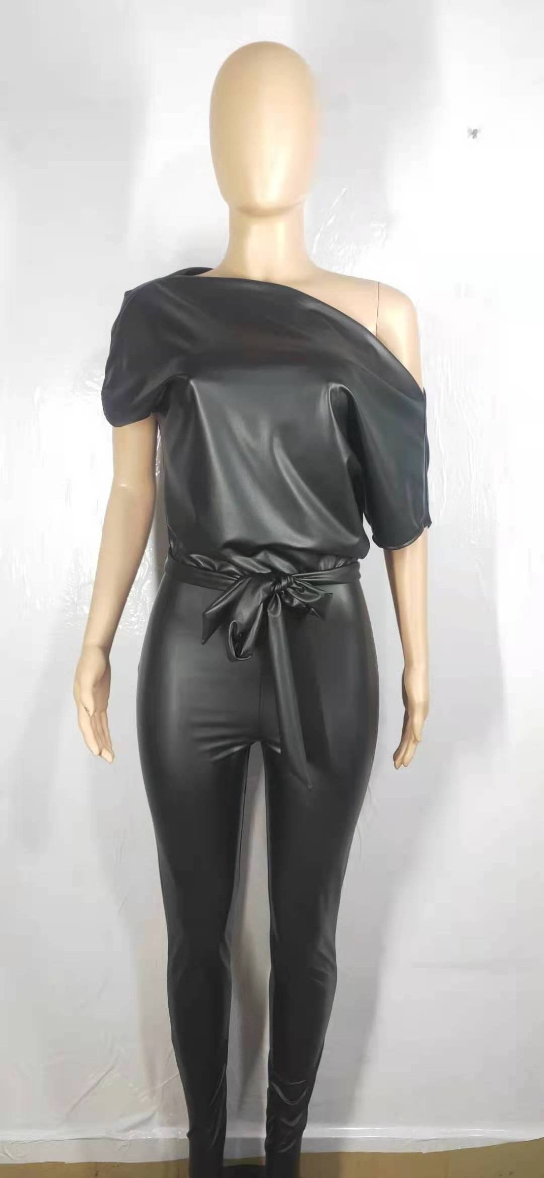 Best Fashion Design Women Short Sleeve 2022 Jumpsuit Belted Black Faux Leather Jumpsuit