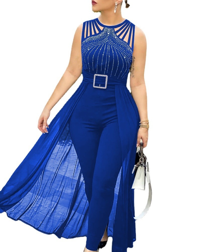 Goods in Stock Yiwu Bandage Sleeveless Women Jumpsuit with Rhinestone Luxury Mesh Party Jumpsuits