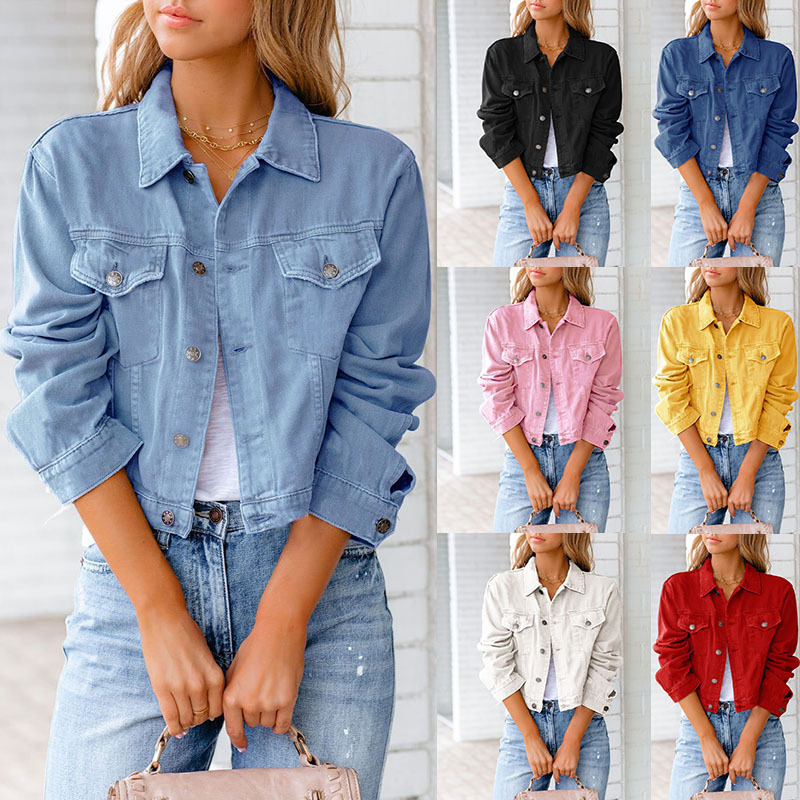 New Fashion Coming Women Fall Jean Coat Winter Button Yellow Blank Denim Jackets