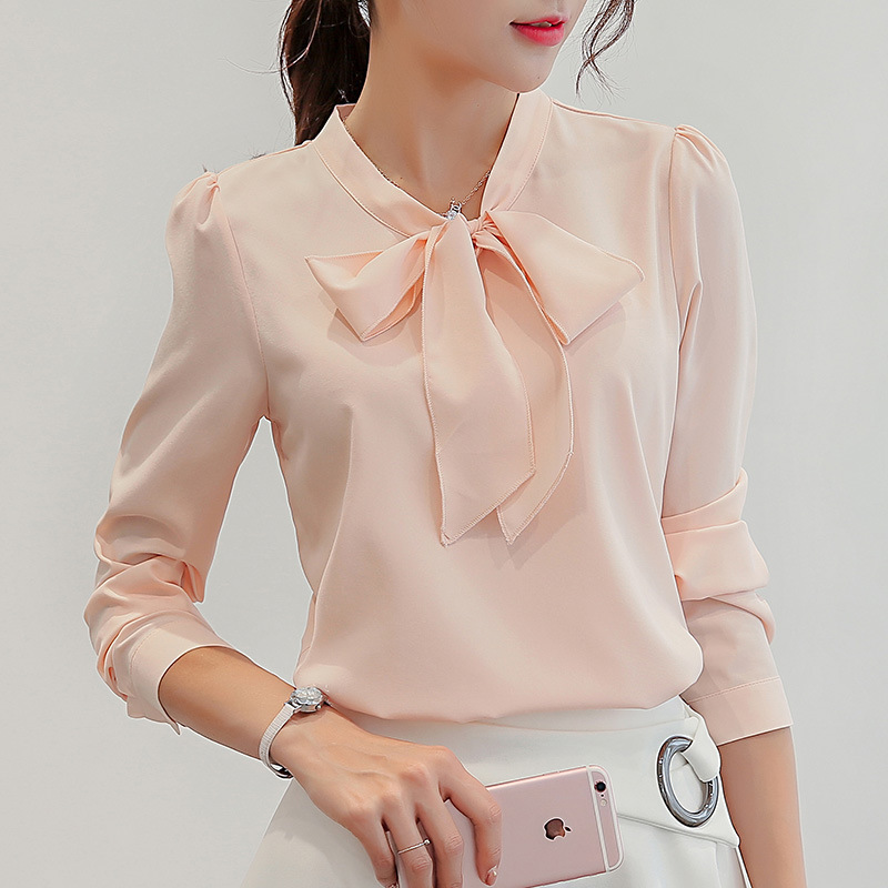 New Spring Summer Long Sleeve Shirts for Lady Fashion Leisure Chiffon Bow Office Blouse