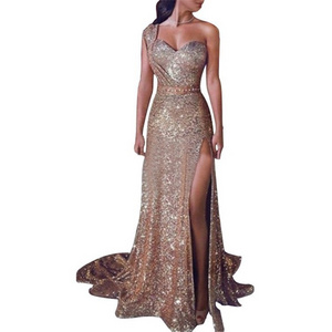 Big Sales Formal Party Long Evening Dress with Split Bridesmaid Gold Color Gowns Dresses