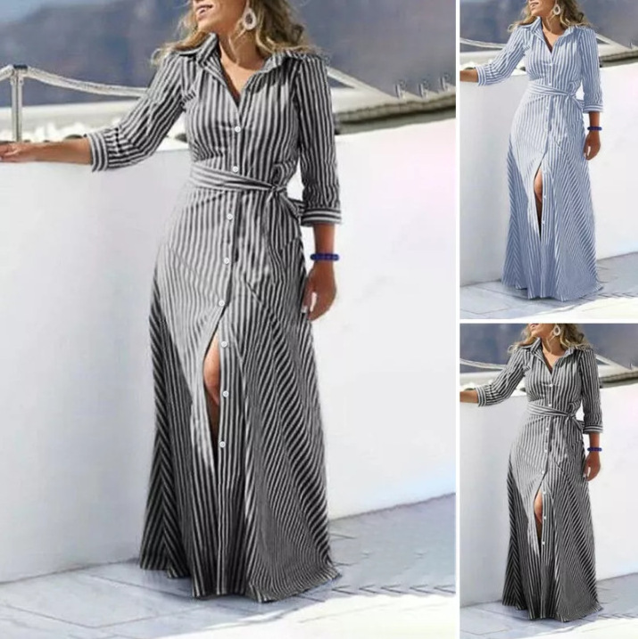 Women Casual 5XL Plus Size Button Up Maxi Long Dress Blue Stripe Linen Cotton Dress