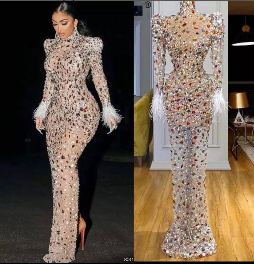 Fashion Mesh Crystals Sexy Birthday Maxi Dress for Women Long Sleeve Rhinestone Prom Maxi Dress